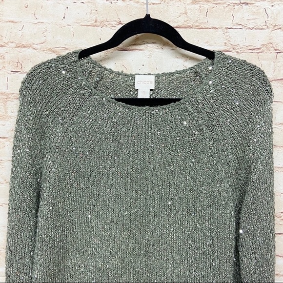 Chicos Womens Sequin Shine Claire Pullover Sweater Size 1 (M) Knit Fatigue Green - Picture 3 of 7